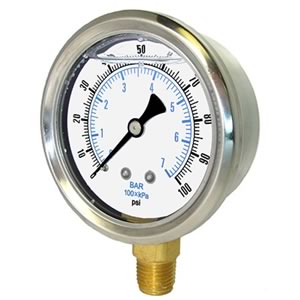 201L Pressure Gauge, Liquid Filled, Brass Internals