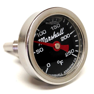 Direct Mount Engine Thermometer.  0-250F "Shock Proof" Flag Dial, Silicone Filled.